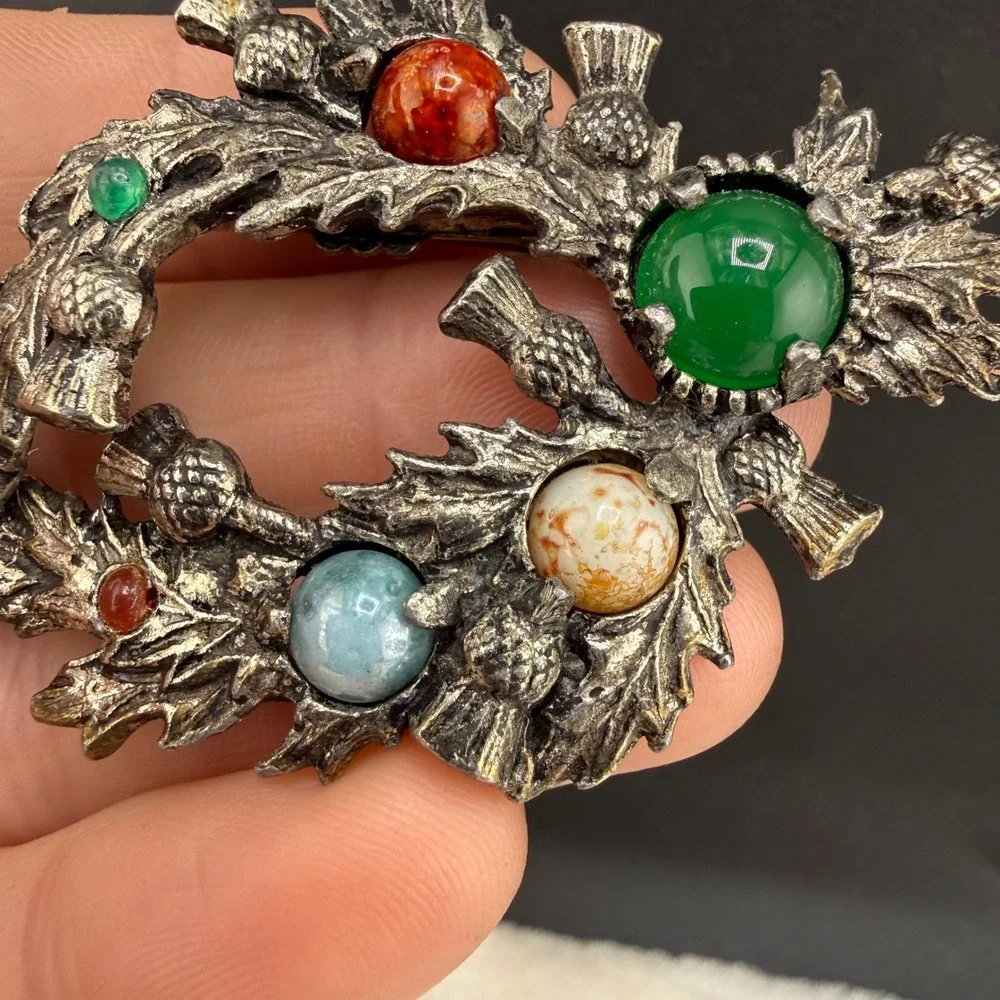 Vintage Jacobite Brooch Silver Tone Scottish Thistle Wreath Multicolor Stone